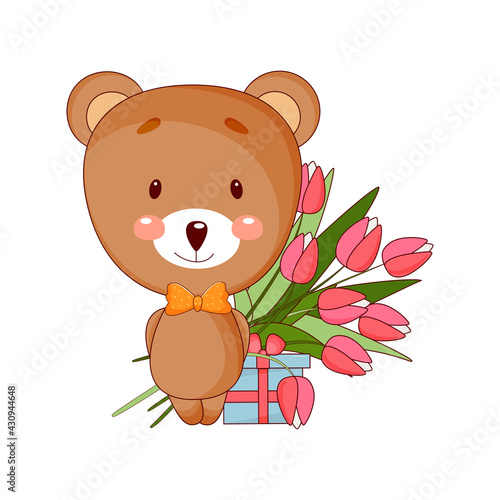 Cute baby bear cartoon boy with gift and flowers. Vector illustration.