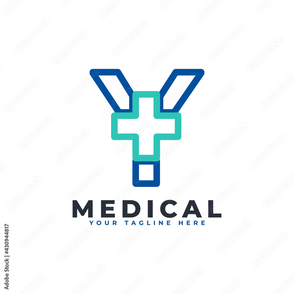 Obraz premium Letter Y cross plus logo. Linear Style. Usable for Business, Science, Healthcare, Medical, Hospital and Nature Logos.