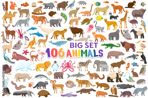  Big set 106 animals, fish and birds for children. Symbols pack for kids  book, education poster. 
Vector cartoon characters isolated on white background. 