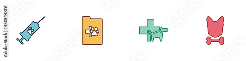 Set Syringe with pet vaccine, Clinical record, Veterinary clinic and Dog and bone icon. Vector