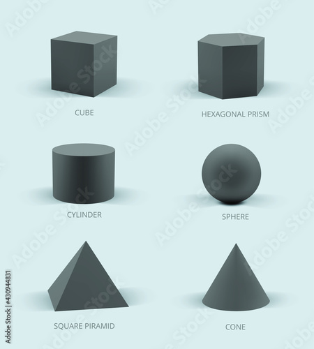 Basic 3D geometric shapes collection with names. Vector realistic illustration.