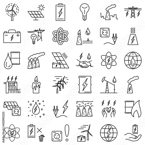 Types of energy - atom, gas, oil, electricity, water. Hydroelectric power plants, nuclear power plant, oil tower. Set of vector icons, isolated, Outline, perfect pixel 48x48.