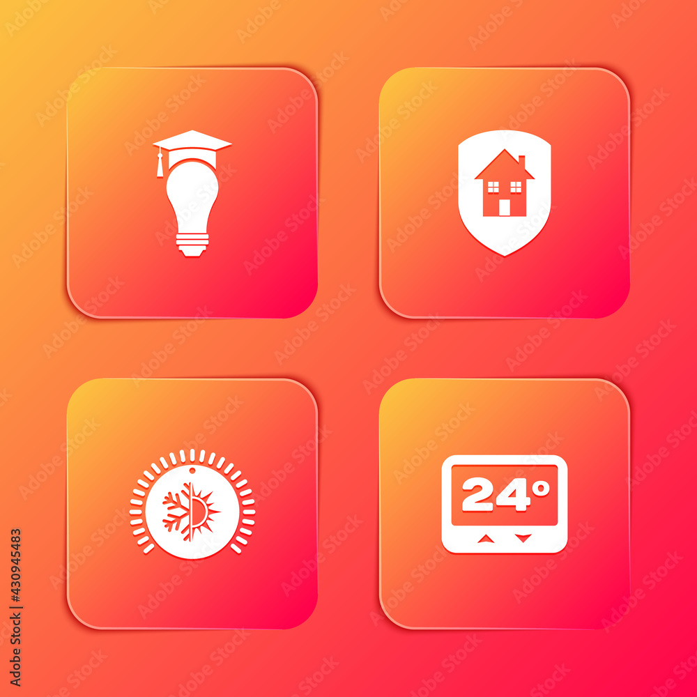 Set Light bulb and graduation cap, House under protection, Thermostat and icon. Vector Set Light bulb and graduation cap, House under protection, Thermostat and icon. Vector
