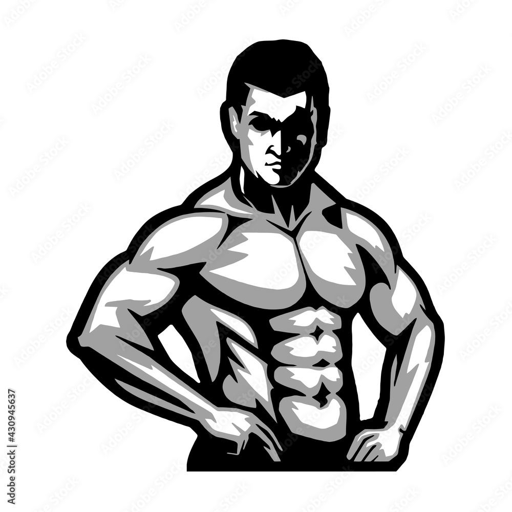 muscular torso bodybuilder poses, vector, logo, cartoon, mascot, character,  monochrome Stock Vector | Adobe Stock