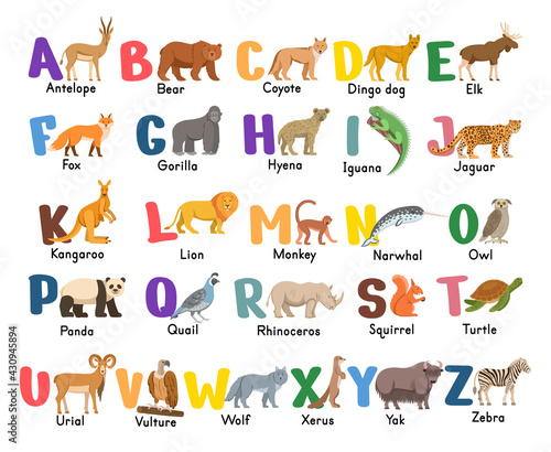 Fototapeta Naklejka Na Ścianę i Meble -  Alphabet with animals.Isolated capital letters with related animals, birds.  Symbols pack for kids ABC book, education poster. 