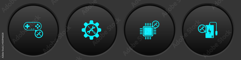 Set Gamepad service, Wrench and screwdriver in gear, Processor and Power bank icon. Vector Set Gamepad service, Wrench and screwdriver in gear, Processor and Power bank icon. Vector