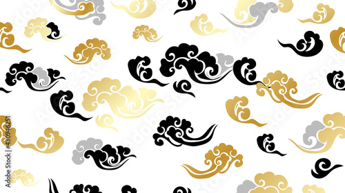 Luxury gold oriental style background vector. Chinese and Japanese oriental line art with golden texture. Cloud, Ocean and wave wall art. Vector illustration.