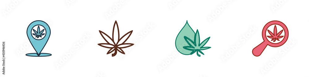 Set Location and marijuana, Marijuana or cannabis leaf, oil and Magnifying glass icon. Vector Set Location and marijuana, Marijuana or cannabis leaf, oil and Magnifying glass icon. Vector