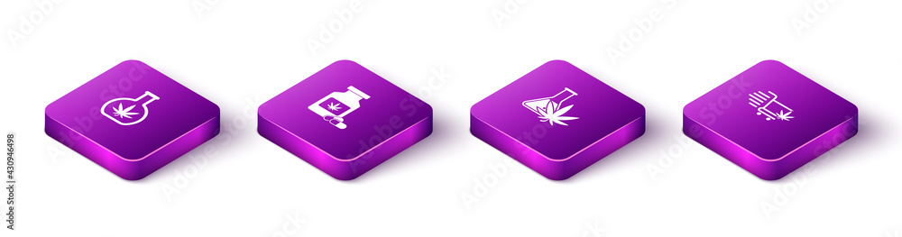 Set Isometric Test tube with marijuana, Medical bottle, and Shopping cart icon. Vector Set Isometric Test tube with marijuana, Medical bottle, and Shopping cart icon. Vector