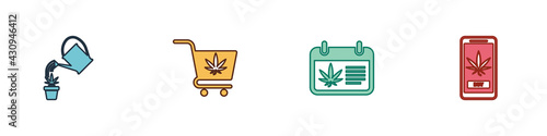 Set Watering can marijuana, Shopping cart with, Calendar and and Online buying icon. Vector