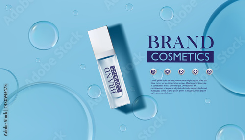 Cosmetic product.Moisture skincare product ads with Drop of water on blue background. Vector illustration, eps10 