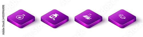 Set Isometric Test tube with marijuana, Medical bottle, and Shopping cart icon. Vector