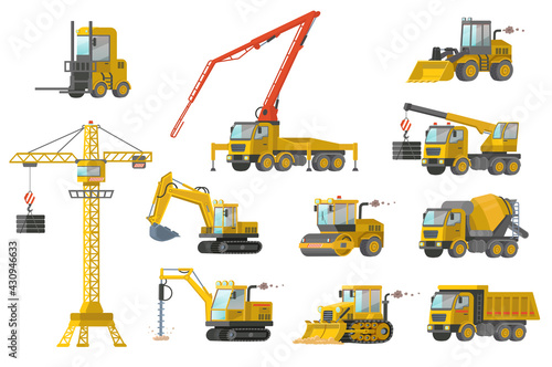 Construction equipment set. Construction site transport, truck, excavator, crane, roller, drill, loader bulldozer, road roller, drilling tractor, dump truck, concrete mixer, forklift, front loader.