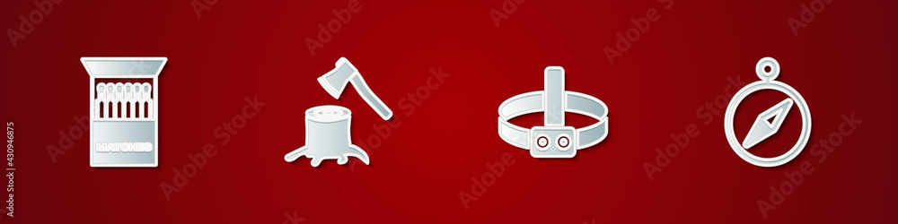 Set Open matchbox and matches, Wooden axe in stump, Head flashlight and Compass icon. Vector Set Open matchbox and matches, Wooden axe in stump, Head flashlight and Compass icon. Vector