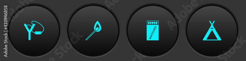 Set Slingshot, Burning match with fire, Open matchbox and matches and Tourist tent icon. Vector