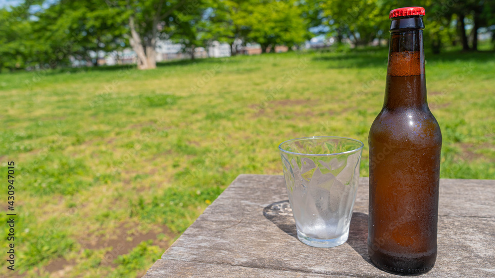 Bottled beer and a glass on the park table