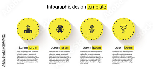 Set Sports winner podium, Stopwatch with basketball ball, Basketball and and medal. Business infographic template. Vector