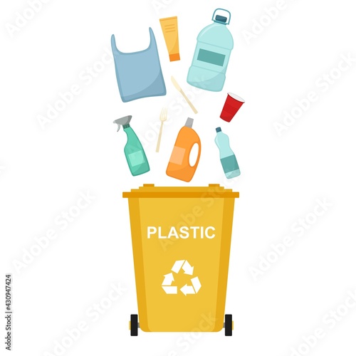 Garbage bin with plastic waste, recycling garbage, vector illustration