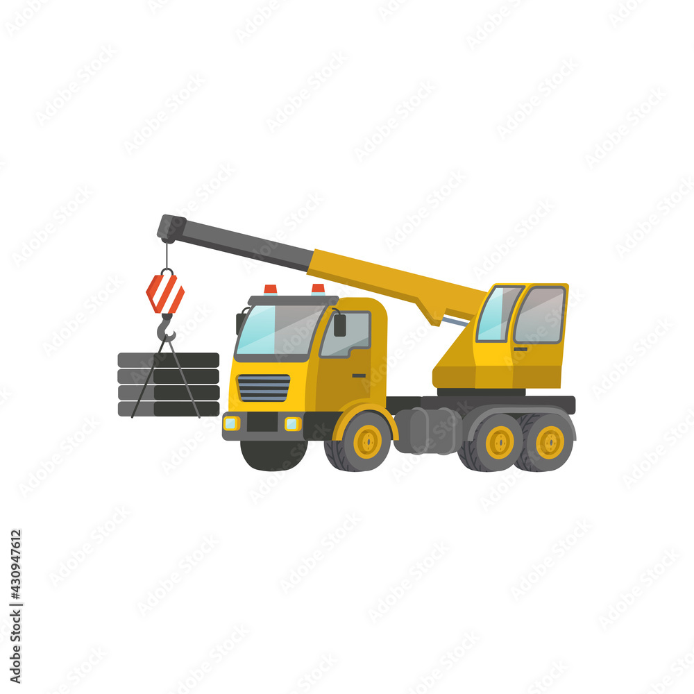 Yellow  truck with crane isolated on white background. Construction machinery flat vector illustration.