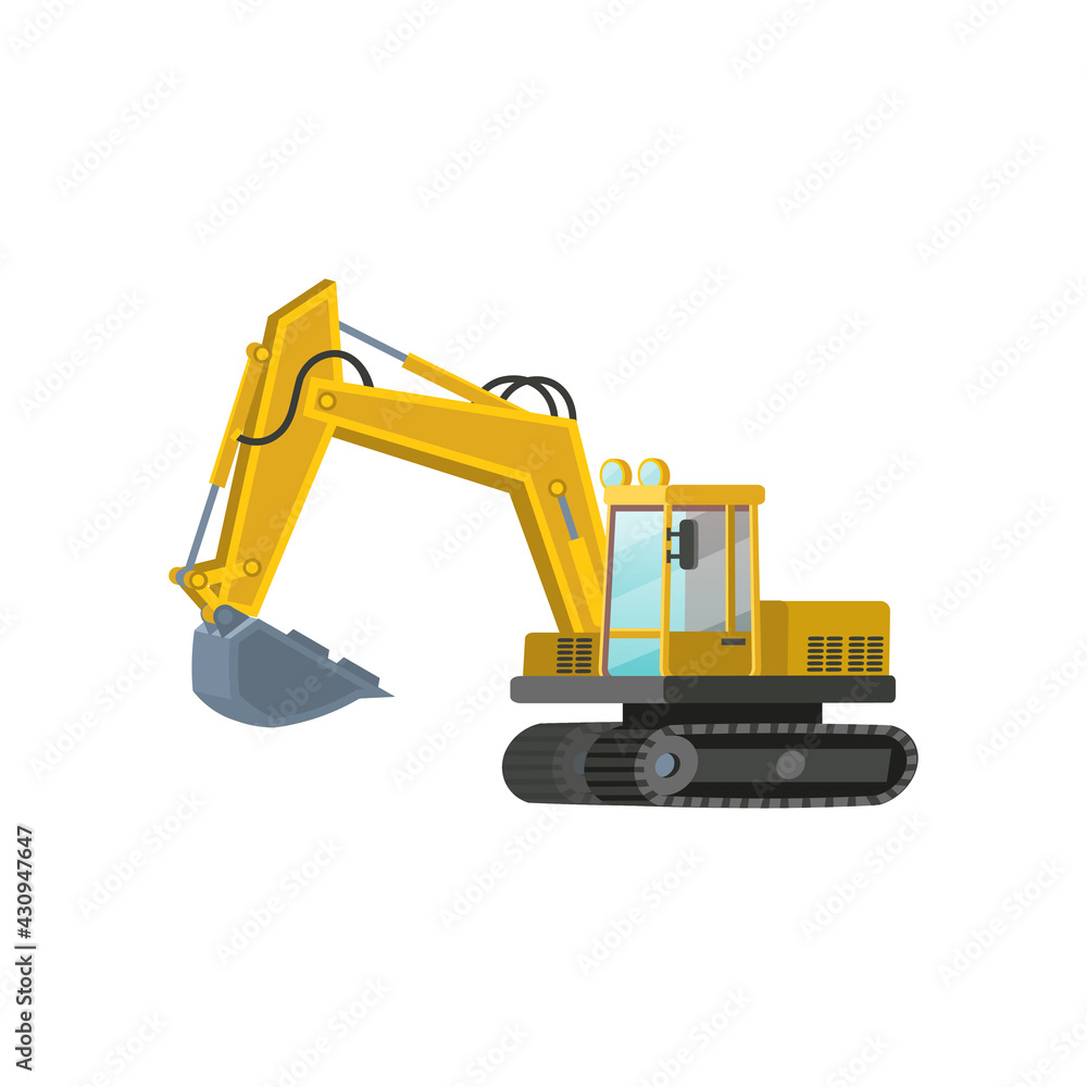 Yellow dump truck on white background. Construction machinery flat vector illustration.