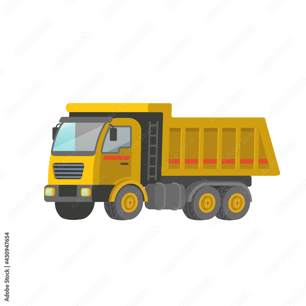 Yellow dump truck on white background. Construction machinery flat vector illustration.