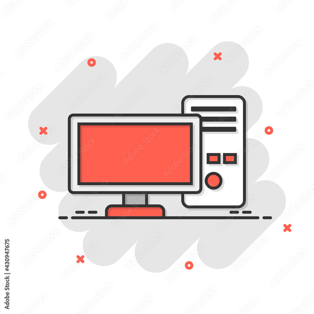 Pc computer icon in comic style. Desktop cartoon vector illustration on white isolated background. Device monitor splash effect business concept. Pc computer icon in comic style. Desktop cartoon vector illustration on white isolated background. Device monitor splash effect business concept.