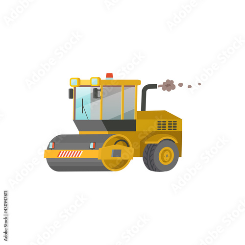 Yellow road roller isolated on white background. Construction machinery flat vector illustration.