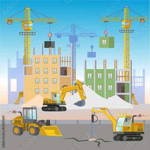 Construction site with construction machines: crane, drill, loader bulldozer, drilling tractor.Flat vector illustration.