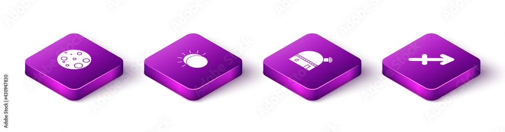 Set Isometric Moon, Eclipse of the sun, Astronomical observatory and Sagittarius zodiac icon. Vector Set Isometric Moon, Eclipse of the sun, Astronomical observatory and Sagittarius zodiac icon. Vector