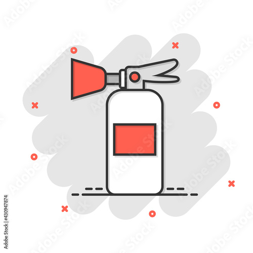 Extinguisher icon in comic style. Fire protection cartoon vector illustration on white isolated background. Emergency splash effect business concept.