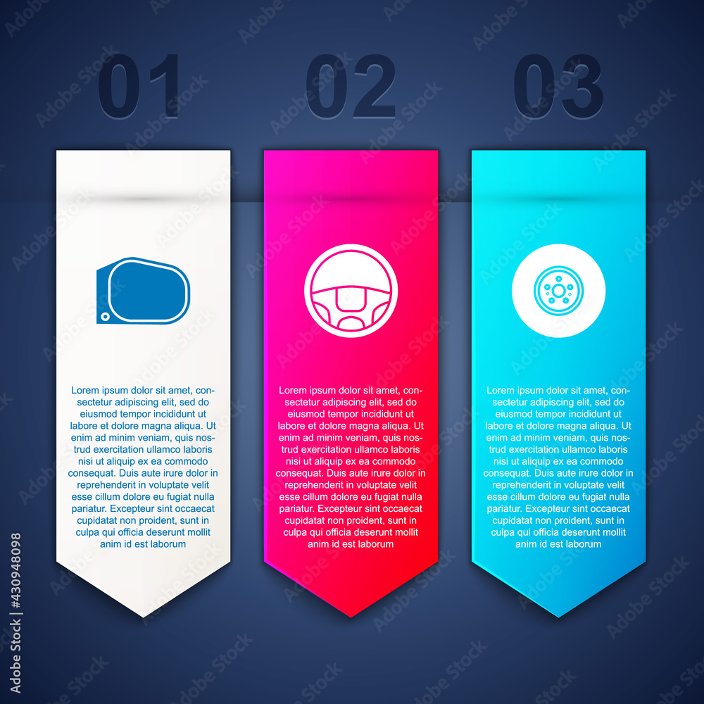 Set Car mirror, Steering wheel and brake disk. Business infographic template. Vector Set Car mirror, Steering wheel and brake disk. Business infographic template. Vector