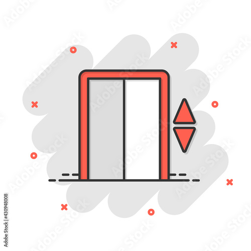 Elevator icon in comic style. Lift cartoon vector illustration on white isolated background. Passenger transportation splash effect business concept.