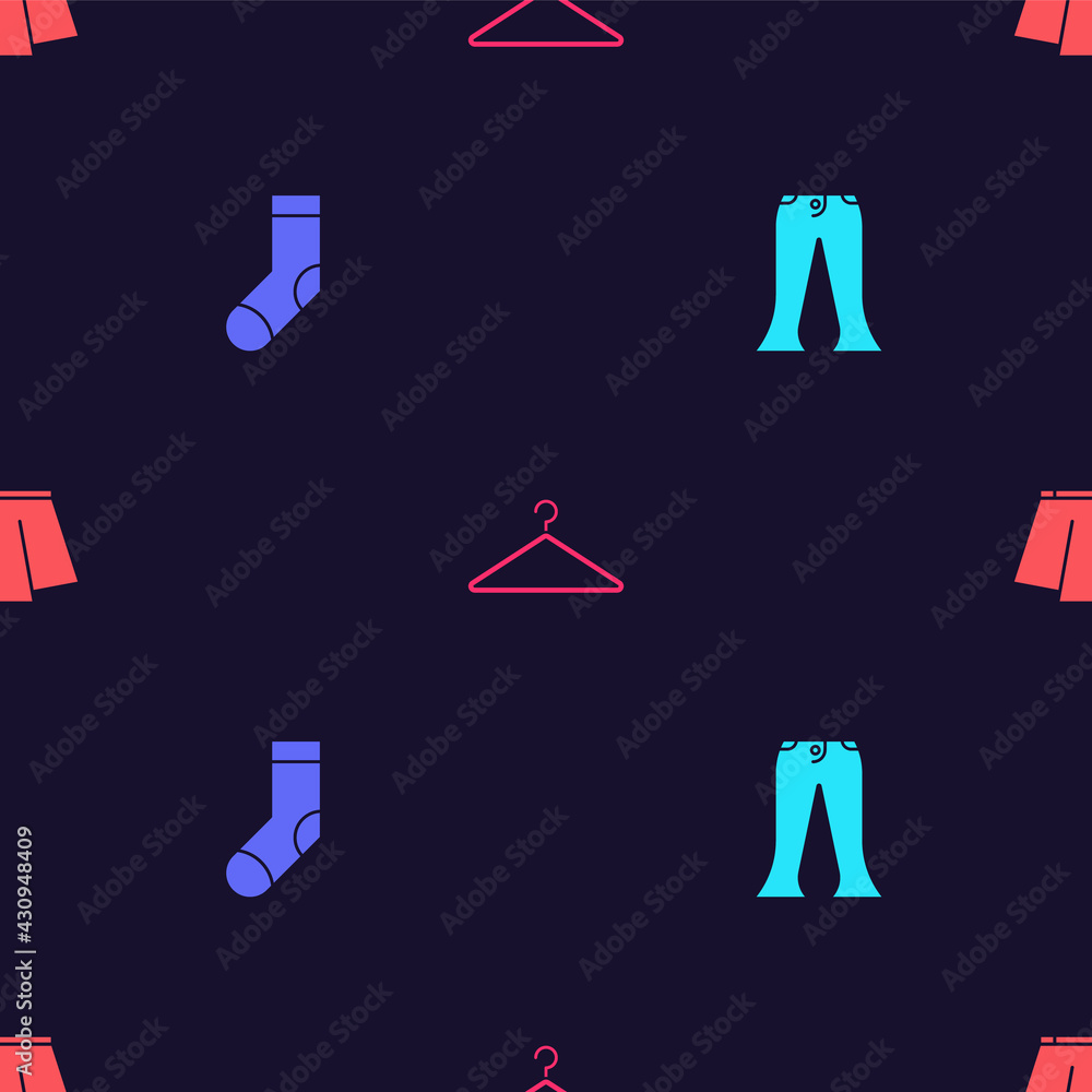 Set Pants, Socks, Hanger wardrobe and Skirt on seamless pattern. Vector Set Pants, Socks, Hanger wardrobe and Skirt on seamless pattern. Vector