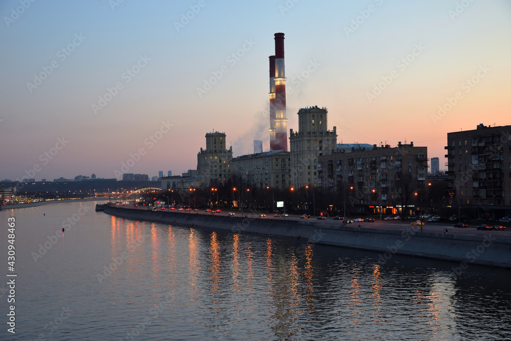 Panorama of evening Moscow with view of Moscow river and Berezhkovskaya and Savvinskaya embankments, Moscow, Russia
