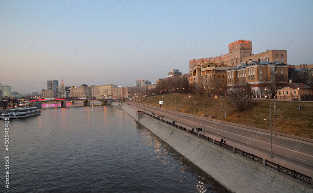  Panorama of evening Moscow with view of Moscow river and Rostovskaya embankment, Moscow, Russia