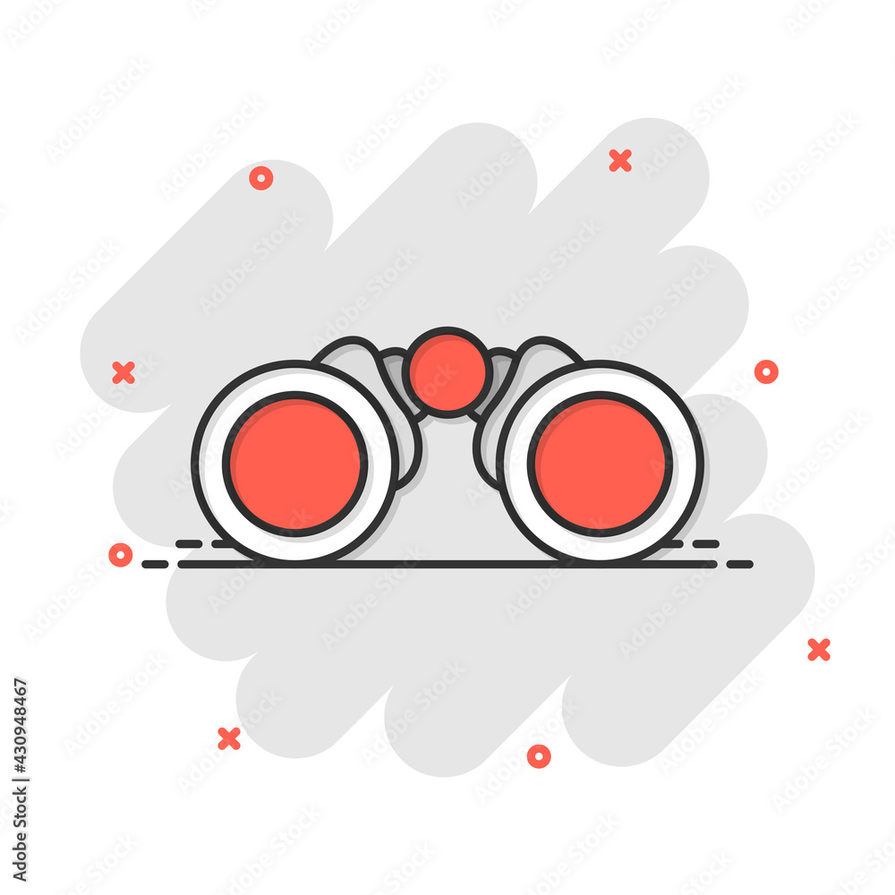 Obraz premium Binocular icon in comic style. Search cartoon vector illustration on white isolated background. Zoom splash effect business concept.