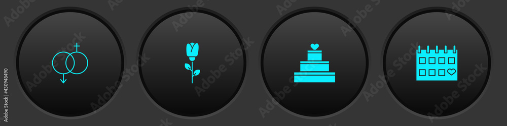 Set Gender, Flower rose, Wedding cake with heart and Calendar icon. Vector Set Gender, Flower rose, Wedding cake with heart and Calendar icon. Vector