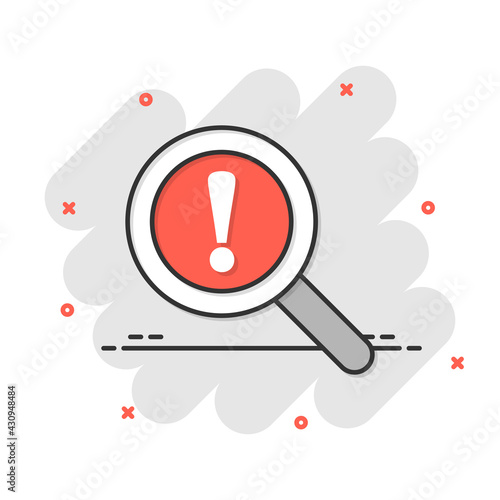 Risk analysis icon in comic style. Exclamation magnifier cartoon vector illustration on white isolated background. Attention splash effect business concept.