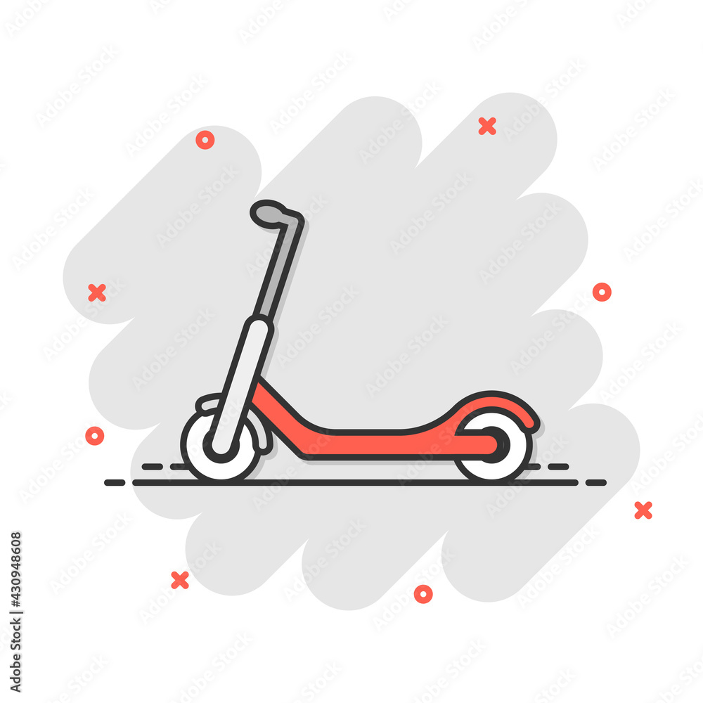 Electric scooter icon in comic style. Bike cartoon vector illustration on white isolated background. Transport splash effect business concept. Electric scooter icon in comic style. Bike cartoon vector illustration on white isolated background. Transport splash effect business concept.