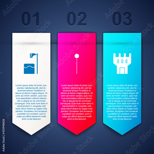 Set Executioner axe in tree block, Medieval chained mace ball and Castle tower. Business infographic template. Vector
