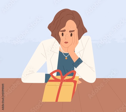 Unhappy sad person looking at closed gift box. Woman feeling bad about unexpected and unpredictable surprises from unknown people. Colored flat vector illustration of upset human and wrapped giftbox