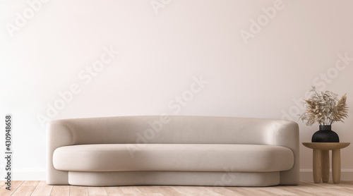 Modern living room mockup, beige minimal sofa on empty wall background, 3d render