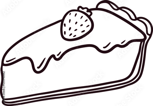 Vector line art illustration of a slice of cheesecake with strawberries