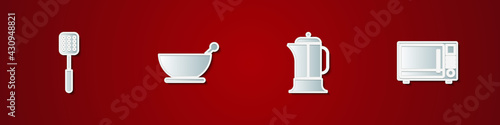 Set Spatula, Mortar and pestle, French press and Microwave oven icon. Vector