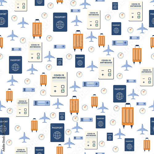 Seamless pattern for textiles and packaging. Vaccinations and new travel. Vector illustration