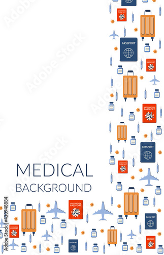 Vaccination medical poster. New travels after the pandemic. Green vaccination passport. Travel permit. Vector illustration