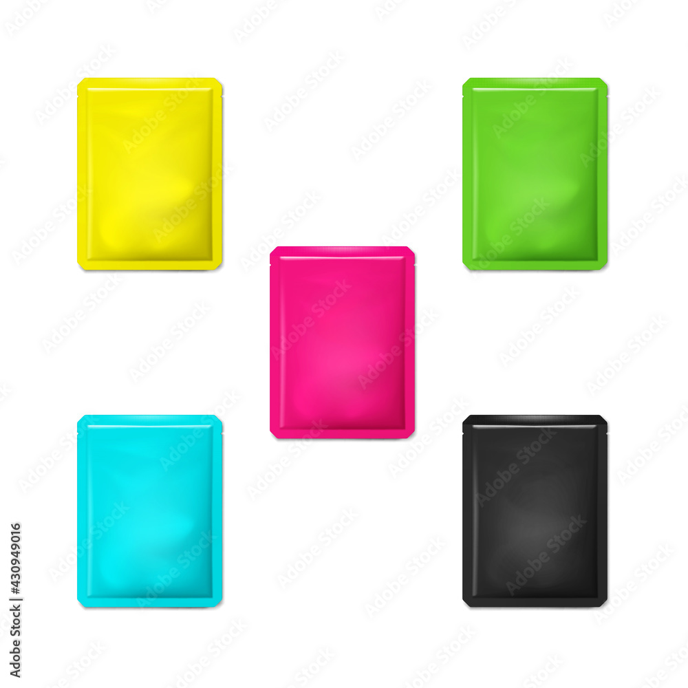 Blank sachet packet with tear notches - realistic vector mock-up. Individual packaging pouch bag - color mockup set. Easy to recolor Blank sachet packet with tear notches - realistic vector mock-up. Individual packaging pouch bag - color mockup set. Easy to recolor