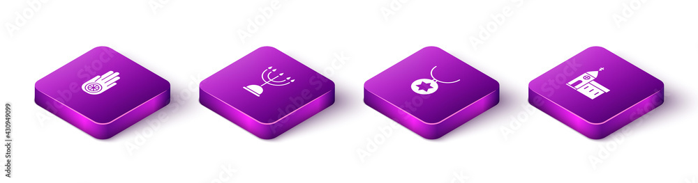 Set Isometric Jainism or Jain Dharma, Hanukkah menorah, Star of David necklace on chain and Church building icon. Vector Set Isometric Jainism or Jain Dharma, Hanukkah menorah, Star of David necklace on chain and Church building icon. Vector
