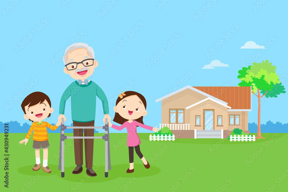 elderly man with walker holding hands boy and girl