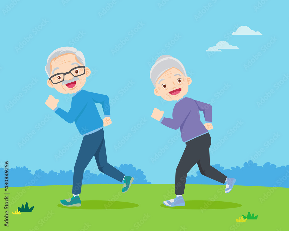 Elderly woman and elderly man jogging in the park